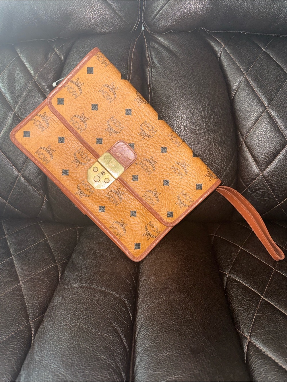 MCM Brown Monogram Wristlet Clutch - Classic Leather Travel Wallet